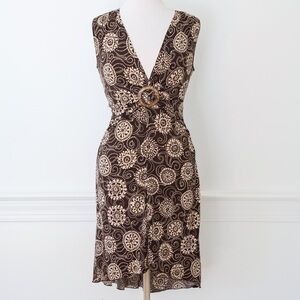 Donutz Inc Vintage Brown Medallion Floral Print Midi Dress Plunge Neck Size S/M